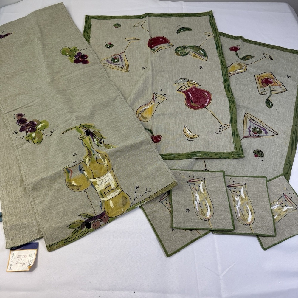 Tan Painted Barware Wine Martini Table Linen Set of 7 Runner, Coasters, Mats Art